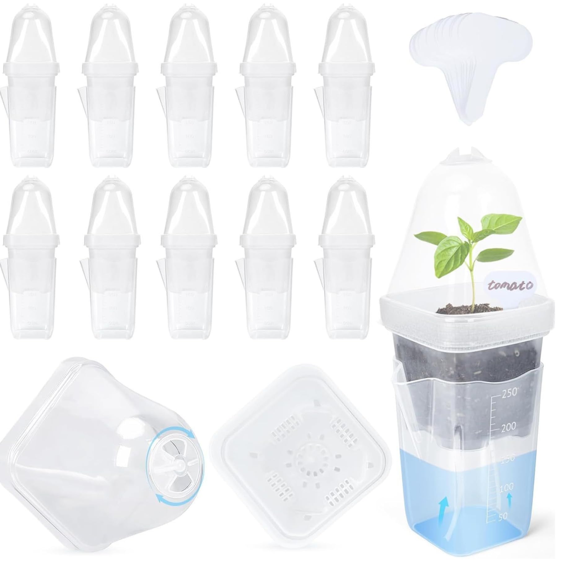 Otbushit 12 Pack Self Watering Pots Automatic Plant Watering System with Humidity Domes & Wicks for Seedlings Succulents Cuttings Clear