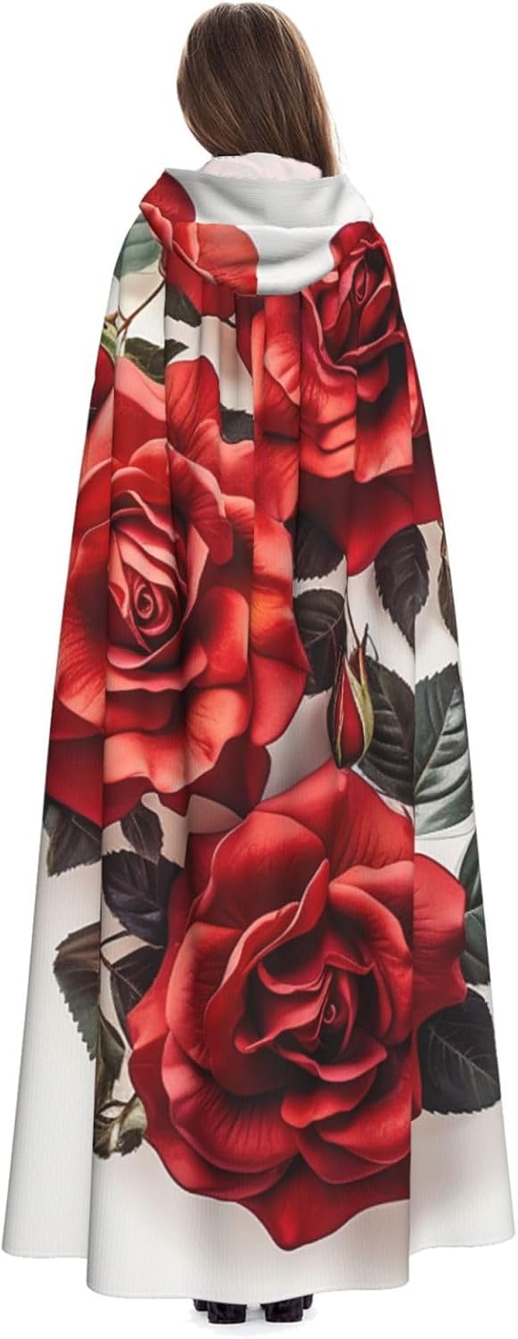 Red rose flower cluster Hooded Cloak Full Length Hooded Robe Witch Cape Halloween Cosplay Costumes for Women Men