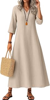 Long Sleeve Dress for Women V Neck Business Casual Fall Dresses Elegant Cotton Linen Winter Maxi Dress 2025