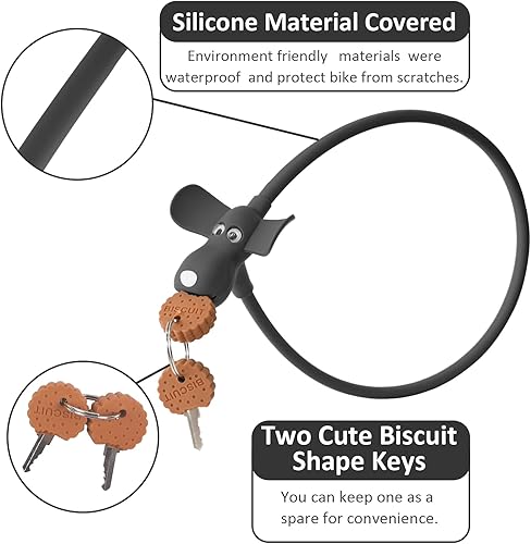Miniatura 3 de Candado de cable de bicicleta con llaves, bloqueo de cable cubierto de silicona para niños, cerradura de dibujos animados, cerradura de 2 pies para