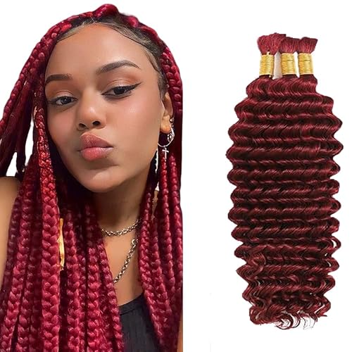 #99J Burgundy Human Braiding Hair For Boho Braids 3 Bundles Human Hair 26 26 26 Inch Wine Red Deep Wave Bulk Human Hair for Braiding Knotless Bohemian Hair Extensions 150g