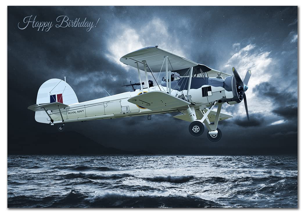 Airplane Birthday Card for Men Boys - WW2 Royal Navy Swordfish Biplane - Special Male Happy Bday Best Wishes All Ages - Unique Unusual Vector Art for him - Blank Inside - Eco-Friendly - Made in UK