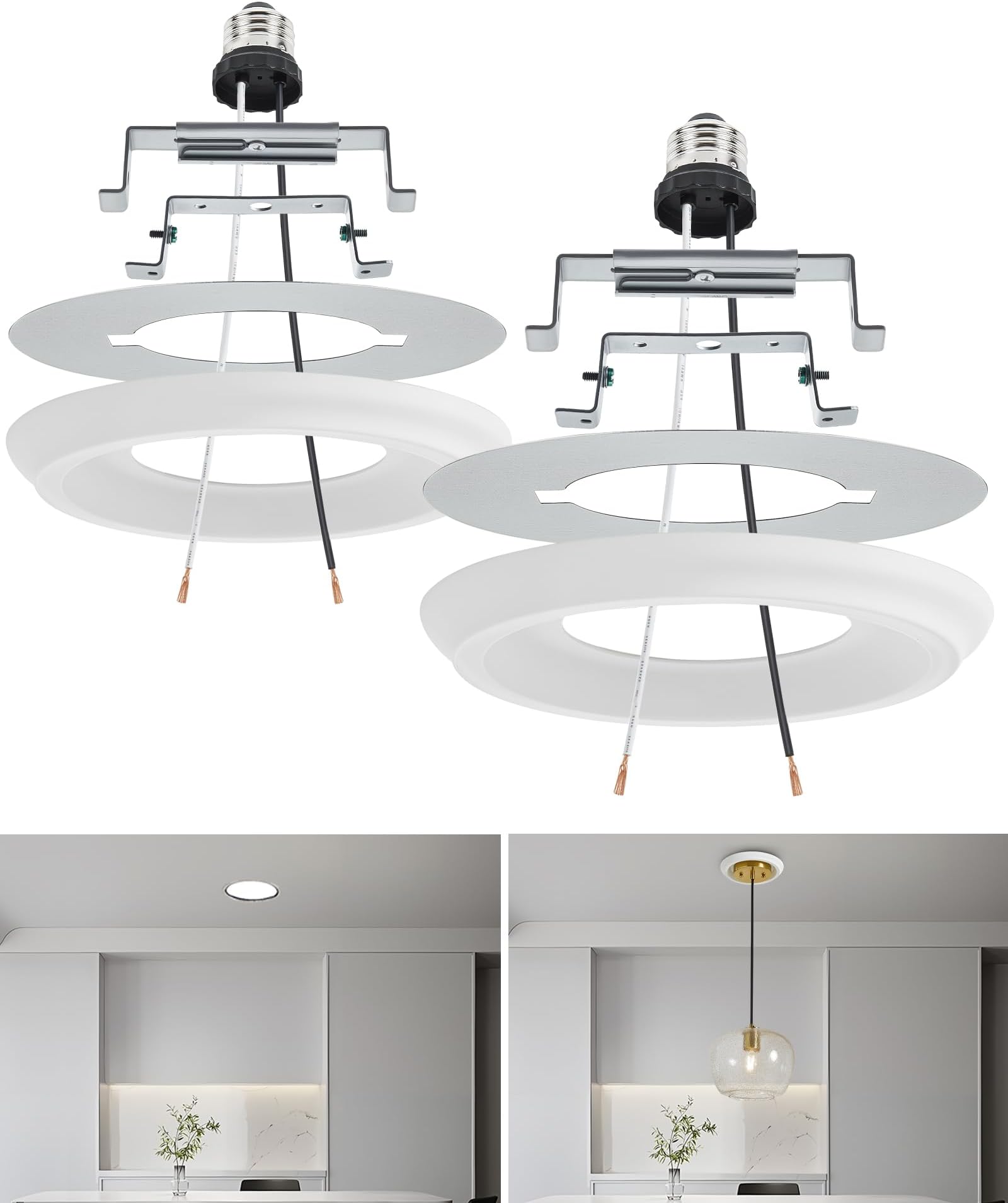 Luvkczc 2-Pack Recessed Can Light Conversion Kit for 5" and 6" Ceiling Fixtures - Pendant/Hanging Light Upgrade, Includes E26 Socket, Mounting Bracket, Round Ceiling Plate（White）