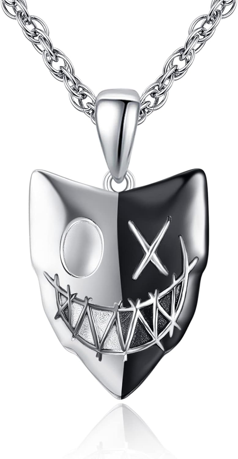 TANGPOET Skull Necklace 925 Sterling Silver Skeleton Punk Pendant Viking Skull Mask Necklace Hiphop Masquerade Party Halloween Gothic Jewelry Gifts for Men Women