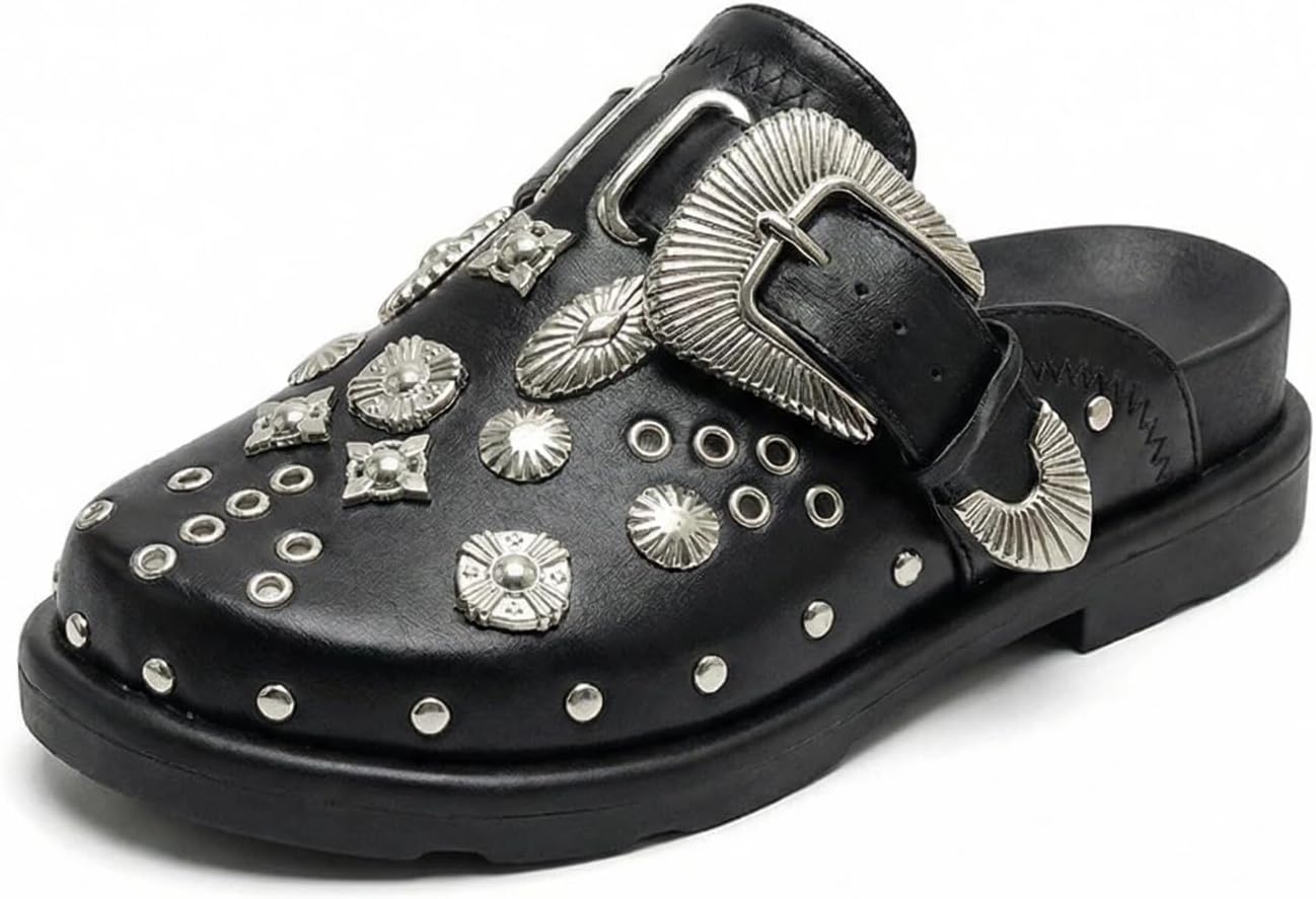 Women's Y2K Retro Leather Mules, Studded Closed Toe Platform Clogs with Large Metal Buckle, Trendy Slip On Shoes for All Season
