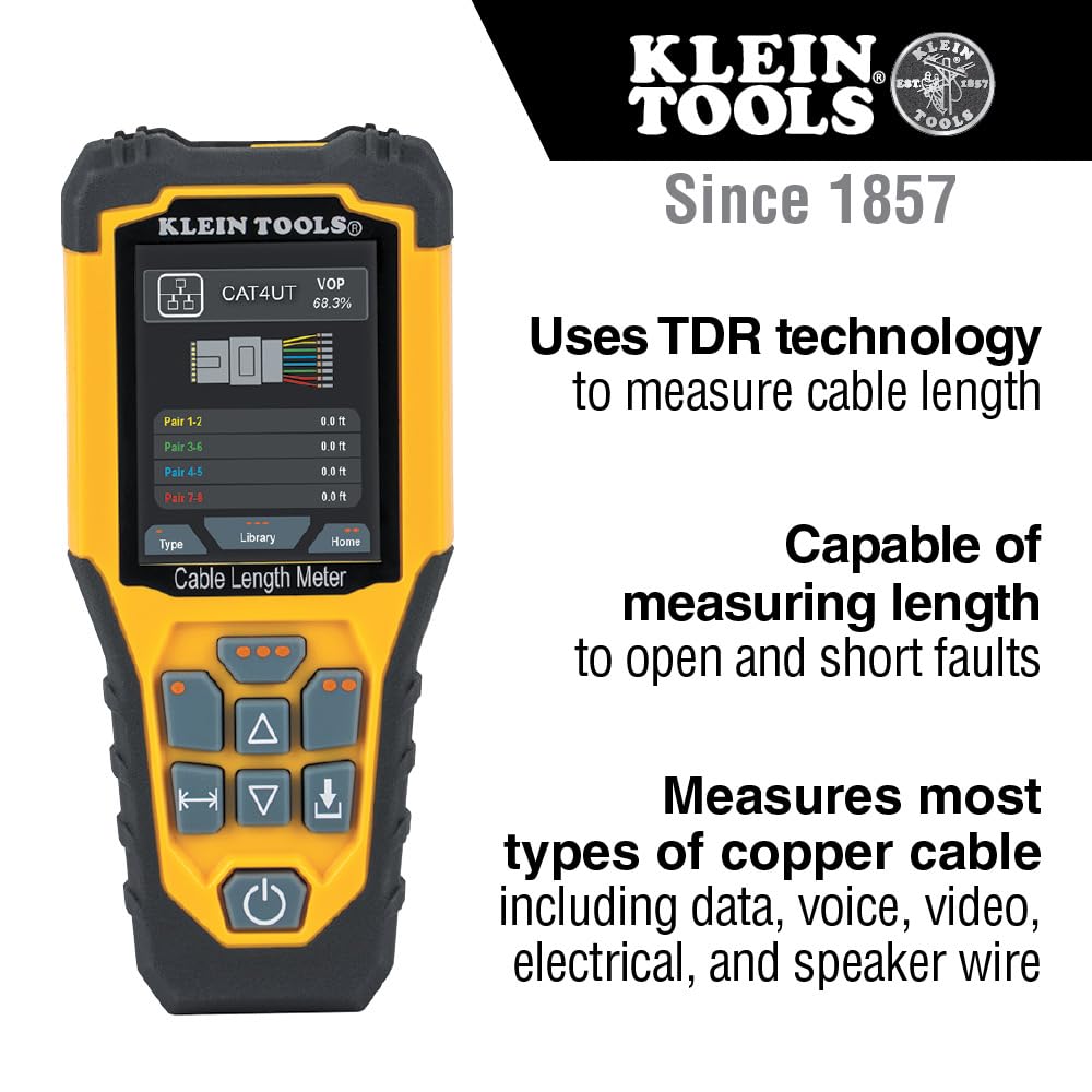 Klein Tools 501-915 Cable Tester, TDR Cable Length Meter Measures Electrical, Data, Two-Wire and Romex Cables, Includes Leads, Carrying Case