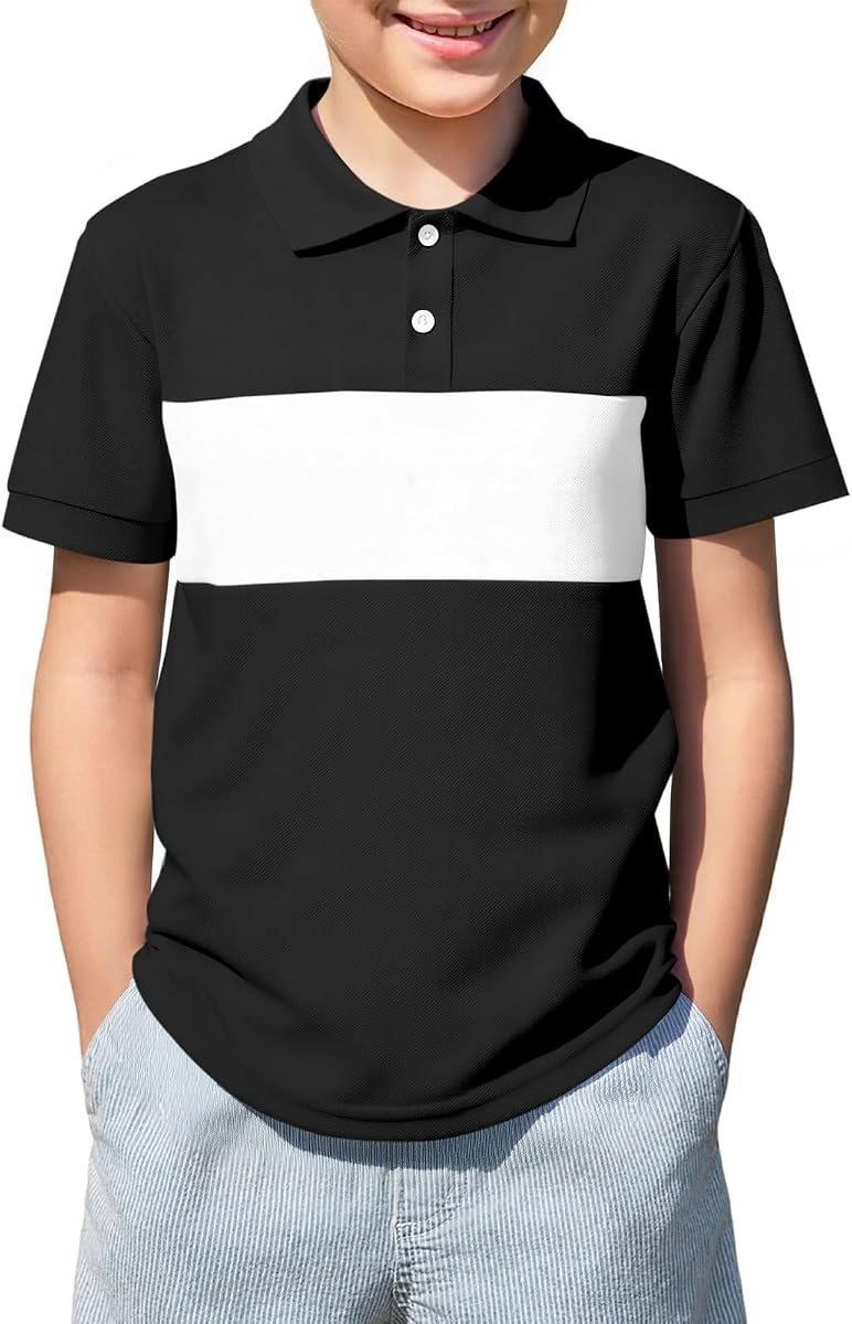 Haloumoning Boys Short Sleeve Pique Polo Shirts Kids Color Block School Uniform Shirt 5-14 Years