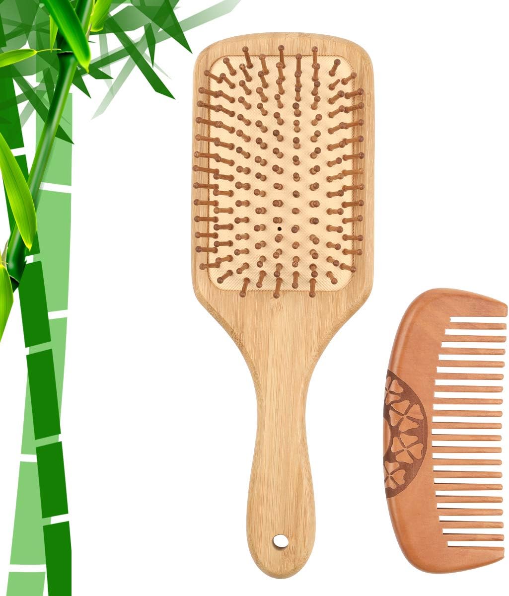 Natural Bamboo Hair Brush, Detangling Scalp Massage Hair Comb, Comfortable Ball Tipped Bamboo Bristle, Flexible Air Cushion Base + portable Peach Wood Beard Comb for Men and Women 2 pcs (Square)