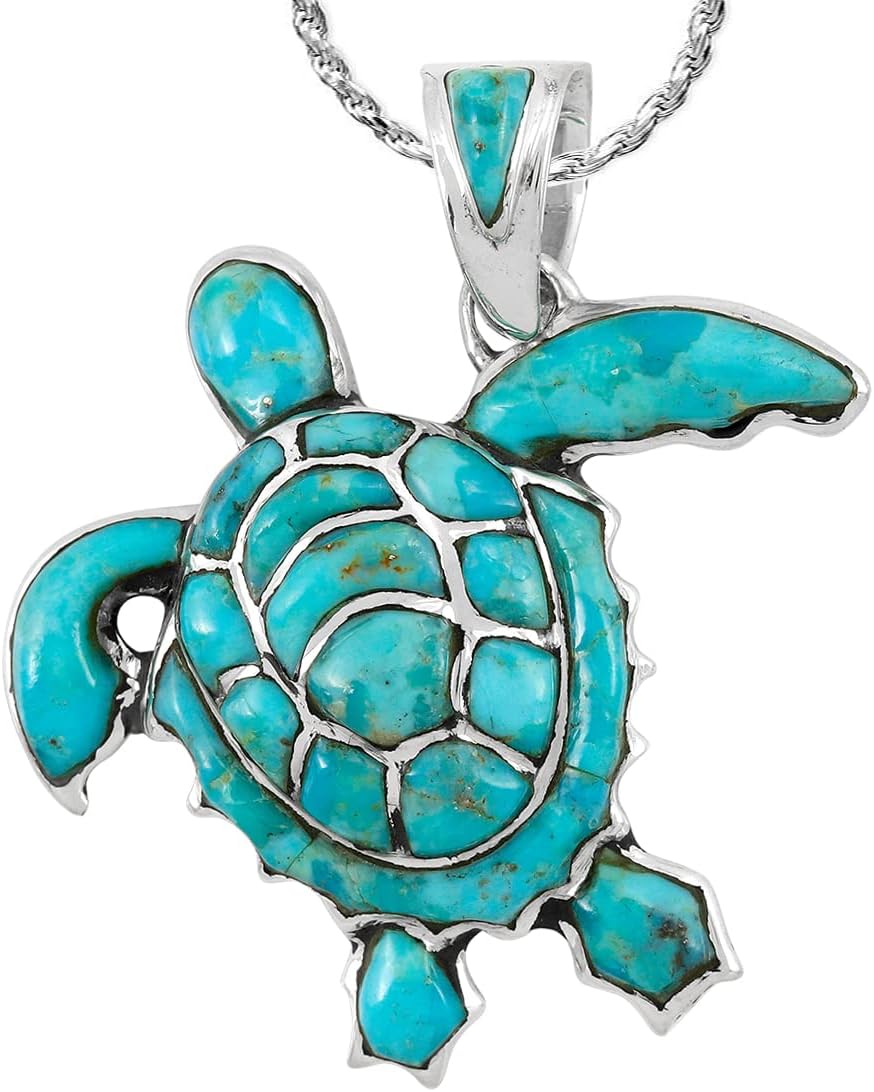 Turquoise Network Turtle Pendant Necklace 925 Sterling Silver Genuine Gemstones & 20" Chain