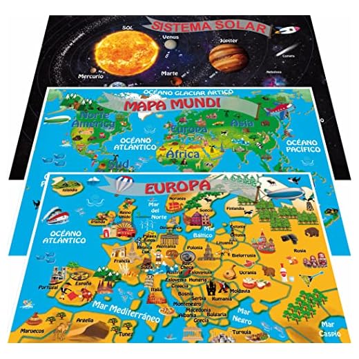 NITRAM Mapa del Mundo infantil, Europa y Sistema Solar de Pared. 3 Poster Láminas para decorar habitación niños. Tamaño A3 (Spanish)