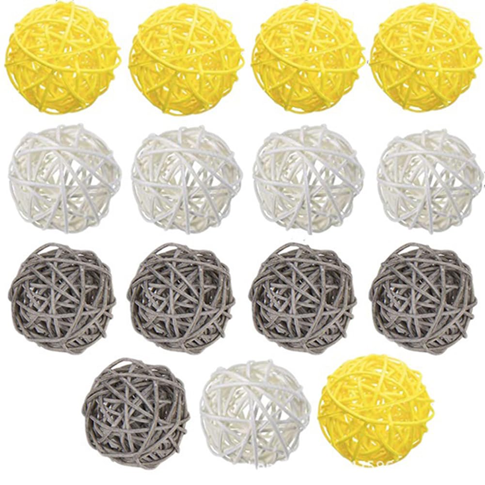Senda Yellow White Grey 15 Pcs Round Wicker Rattan Balls, 5 Cm Decorative Natural Orbs Vase Fillers For Diy Craft, Party, Wedding Centerpieces Or Rabbit, Parrot, Bird Toys (Yellow White Grey)