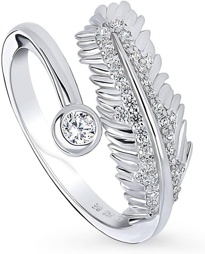 BERRICLE Sterling Silver Feather Bypass Wrap Promise Rings for Her, Cubic Zirconia CZ Ring