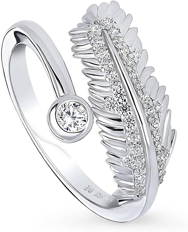 BERRICLE Sterling Silver Feather Bypass Wrap Promise Rings for Her, Cubic Zirconia CZ Ring