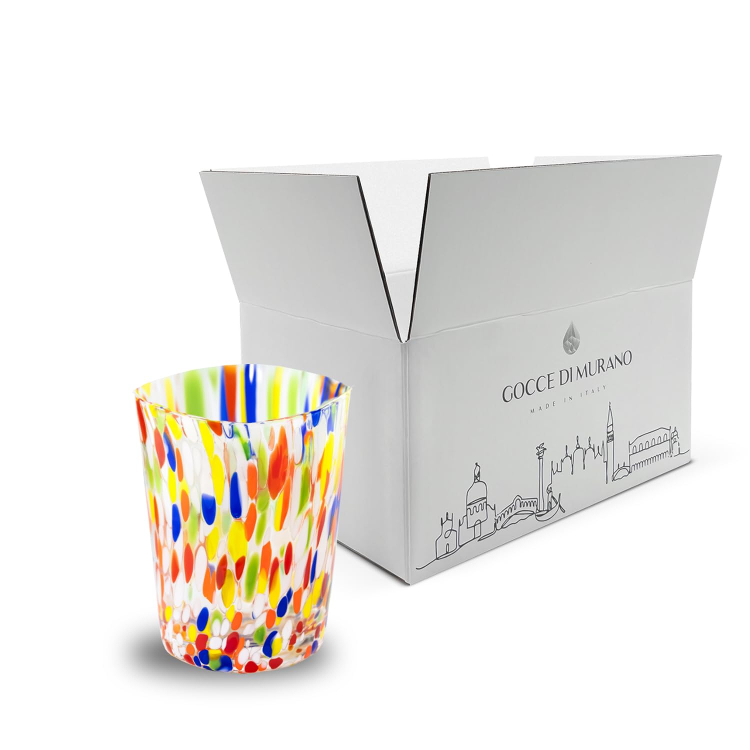 Gocce di Murano 2 Bicchieri Acqua Lavorati Secondo la Tradizione degli Artigiani di Murano, Bicchiere Soffiato e Lavorato a Mano 300 ml - Bicchieri Acqua Vetro Arcobaleno Pioggia