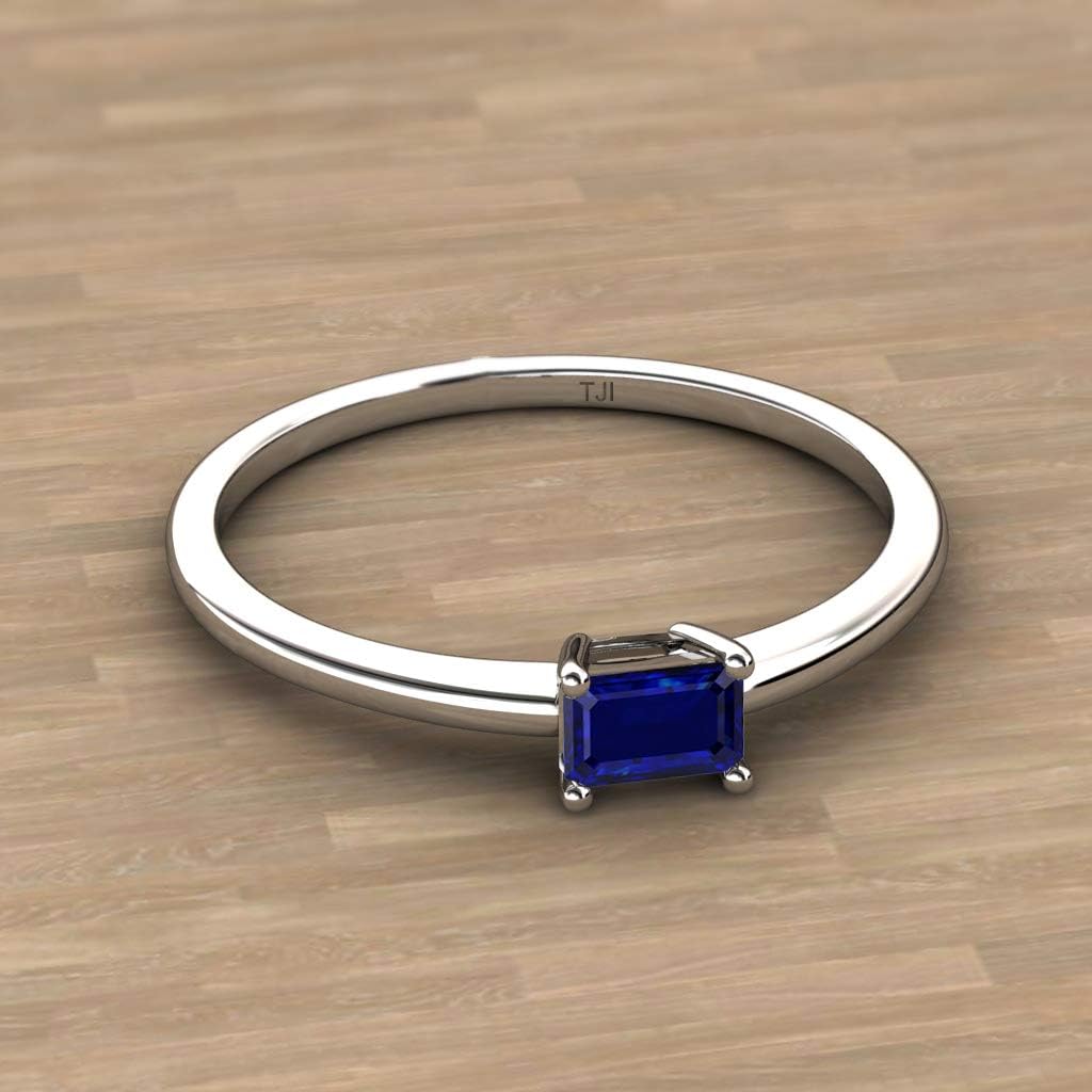 TriJewels Emerald Cut 6x4 mm Blue Sapphire 3/4 ctw Women East West Solitaire Engagement Ring 10K Gold
