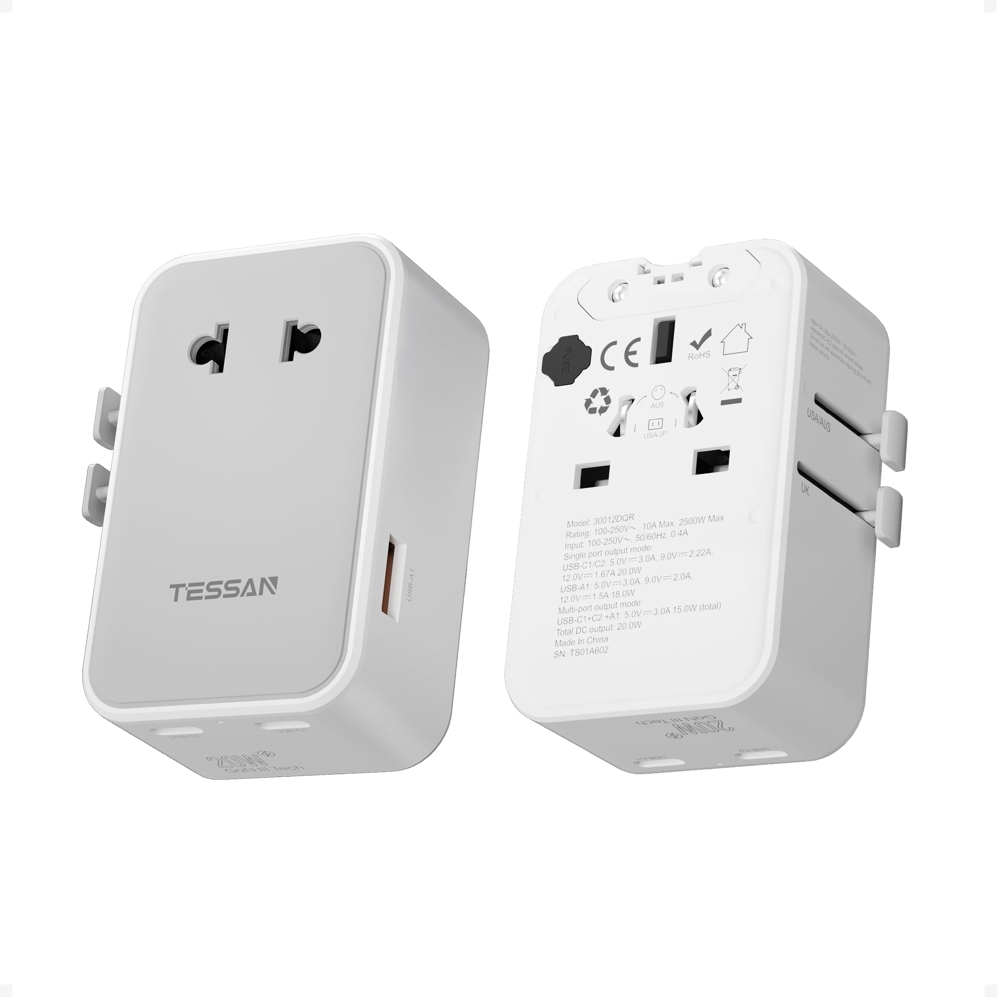TESSAN Adaptador Enchufe Universal PD 20W, Adaptador Universal Enchufe Viaje con 2 USB C y 2 USB A, Travel Adapter para Uso en Europeo, UK, Americano, Japón, Australia, Canadá, México y China, Gray