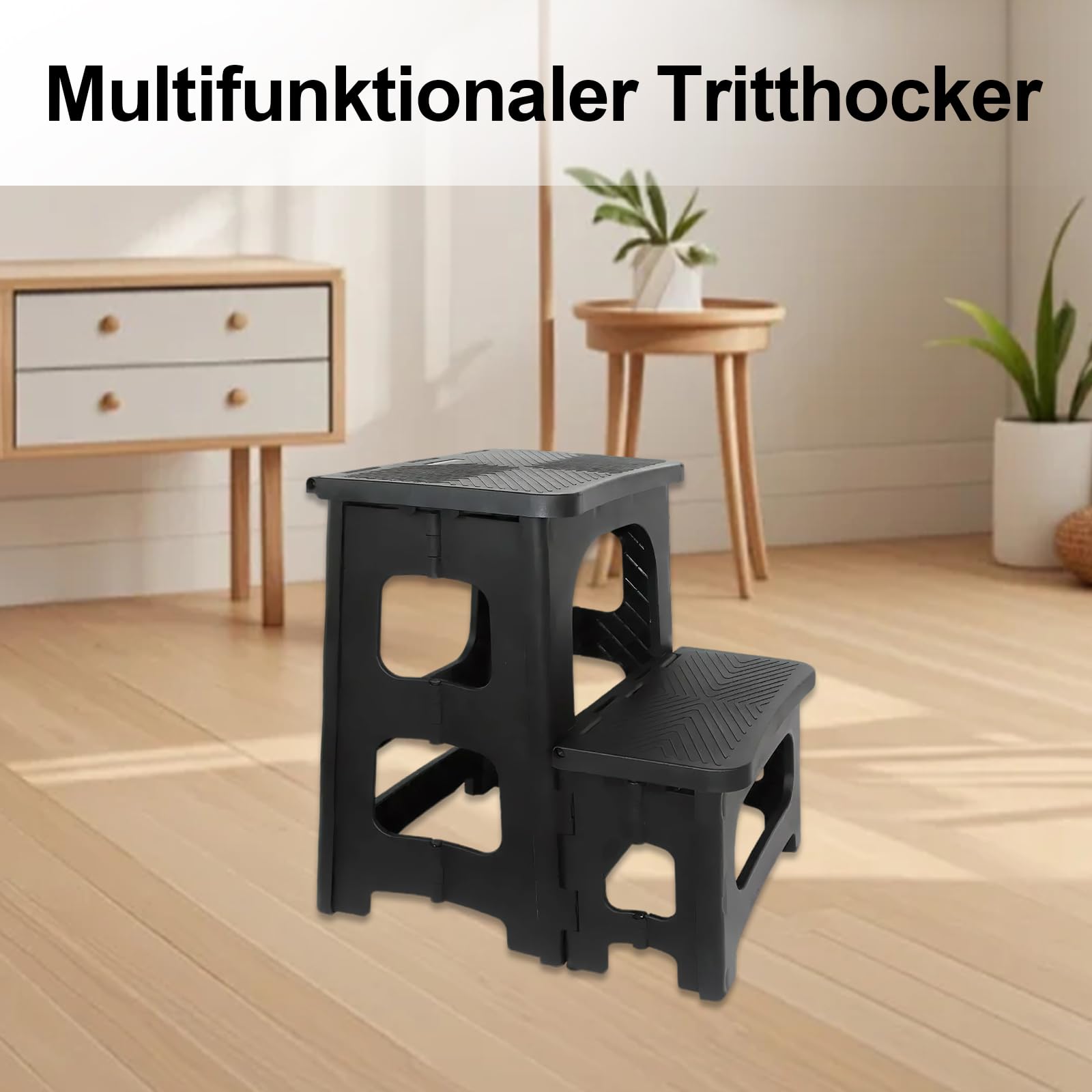 2 Stufen Tritthocker Klappbar Klapphocker mit Tragegriff Rutschfester Trittschemel Fußhocker Tragbaren Faltbarer Wetterfest für Küche, Haus, Büro, Draußen
