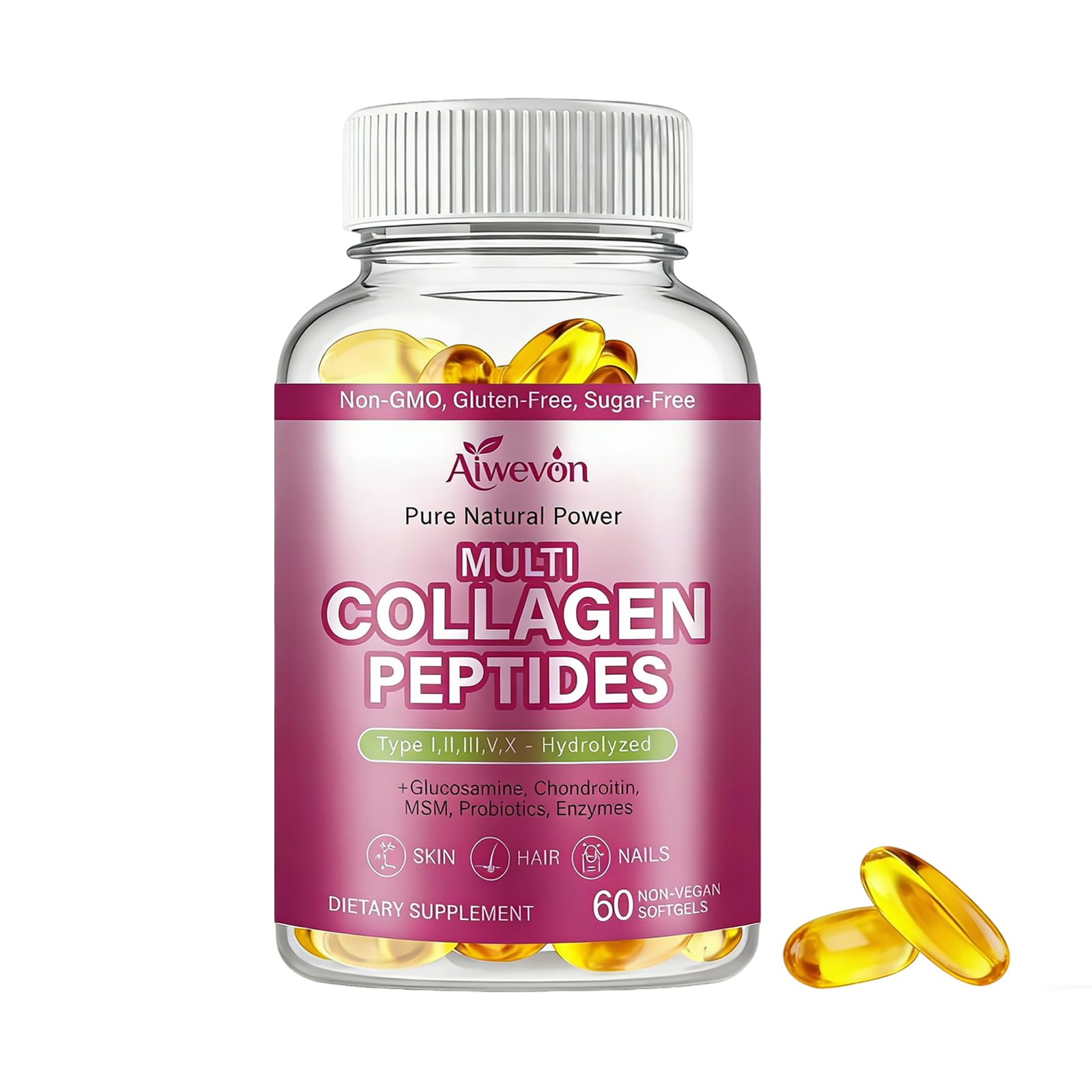 Multi Collagen Peptides Capsules 9500mg Hydrolyzed Collagen Supplement Type I II III V X with Hyaluronic Acid Glucosamine