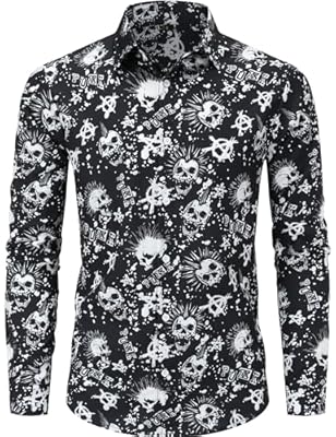 Divertidas camisas de los años 70, estilo discoteca, hip hop, manga larga, camisa de vestir casual con botones para hombre, Punk Skull, Large | Ya disponible en tu tienda friki favorita! En mundofriki.es!