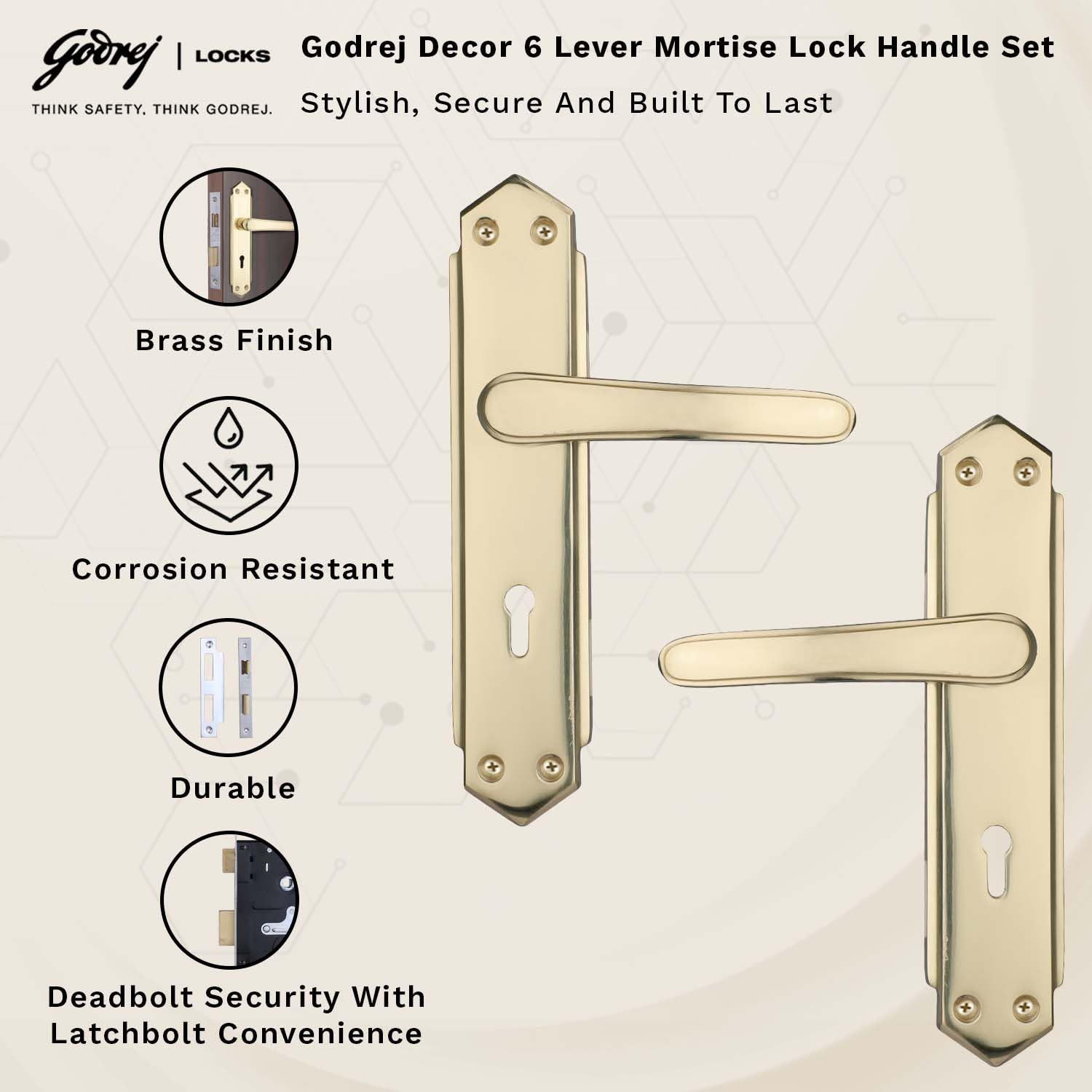 Godrej Mortise Door Lock Handle Set | 200mm Decor | 6-Lever Locking Mechanism | Reversible Latchbolt | Suitable for Left & Right Handed Doors (Brass Finish) — Amazon image 3