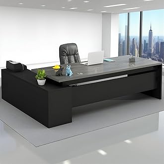 Modern L-Shape Office Desk with Wood Base, Executive Desk Boss Table, Computer Desk Home Office Furniture with Drawers and Storage Shelves (Gray, 63" L×24" W / 160×60cm)