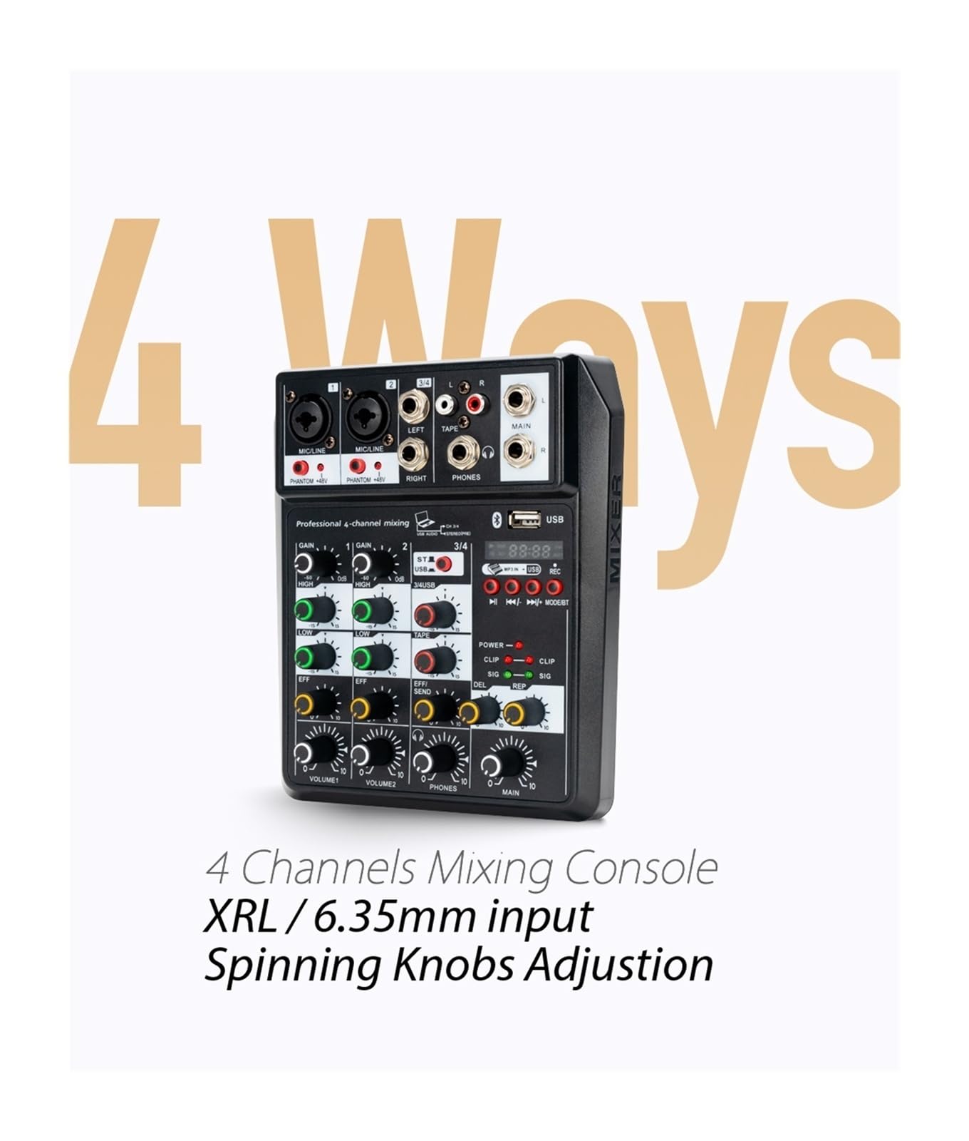 Mélangeur audio, Mixeur de son professionnel 4 canaux 48 V Alimentation fantôme Reverb FX Console mixage DJ Lecteur USB Musique Stéréo