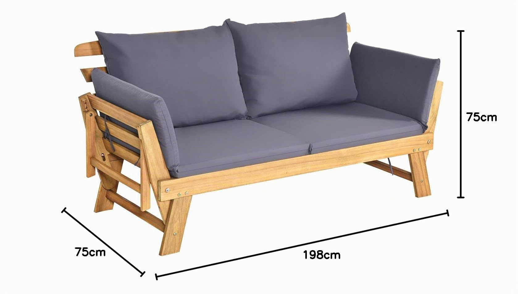 COSTWAY 3 en 1 Banco Jardin 2 Plazas, Madera Acacia, Sofa Cama de Jardín, Reposabrazos Abatibles, 2 Almohadas Lavables, Sofa Tumbona Terraza Exterior Interior, 198/175x75x75cm, Máx 320 kg (Gris)
