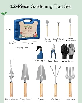 Grenebo 12-Piece Gardening Tool Set for Men, Rust-Proof & Heavy-Duty Hand Garden Tools with Sturdy Blue Carrying Case, Practical & Stylish Gardening Gifts for Men (Blue)