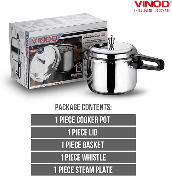 Vinod Pressure Cooker Stainless Steel Outer Lid - 5 Liter Induction Base Cooker Indian Pressure Cooker Sandwich Bottom Best Used For Indian Cooking, Soups, and Rice Recipes, Quinoa