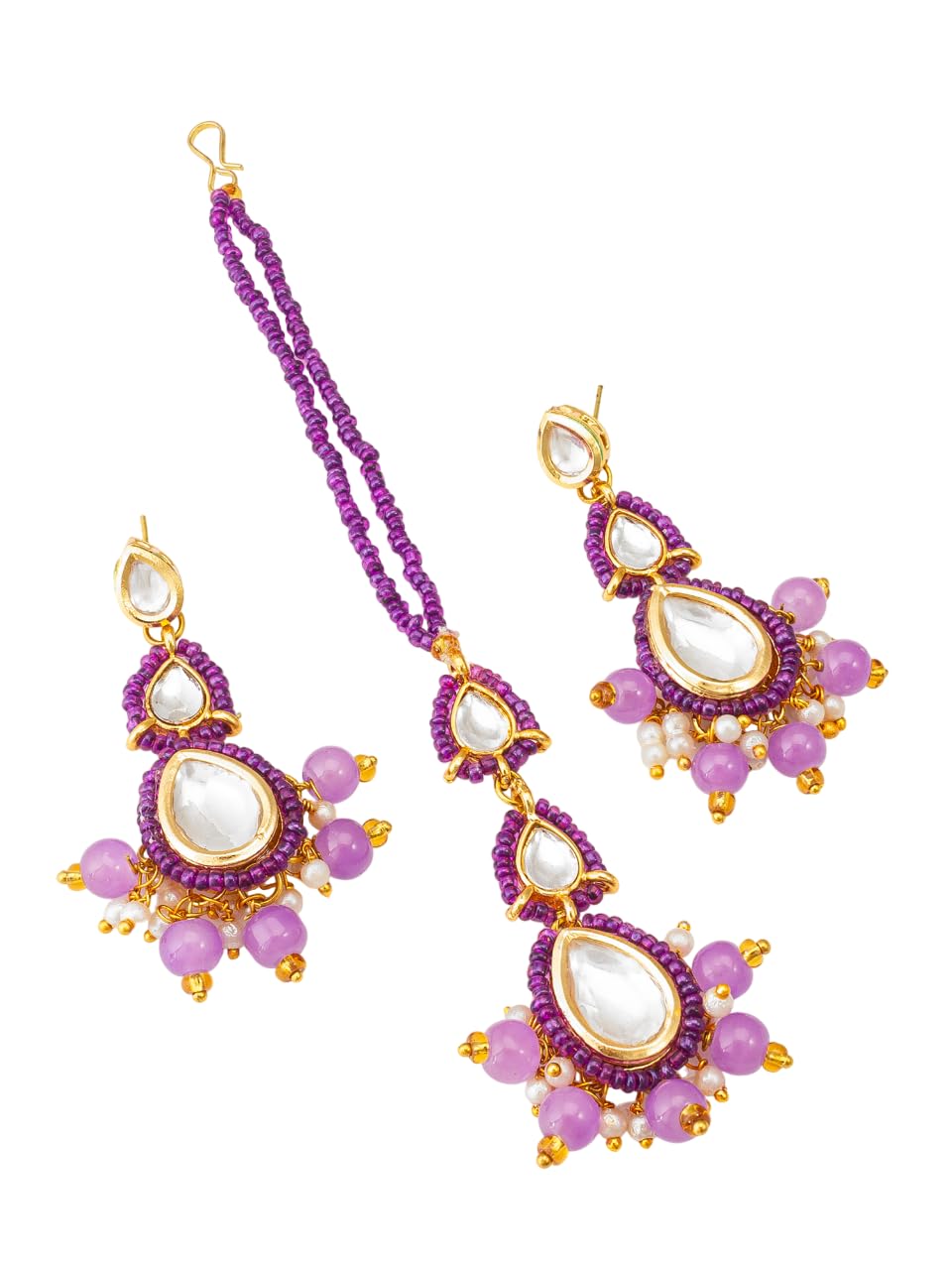 Elegant Women's Brass Kundan,pearl Jewelry Lightweight and Durable Design 1 Mangtikka And A Pair Of Earrings Wear Weddings and Festive Occasions (MGT6280_Purple)-image-37