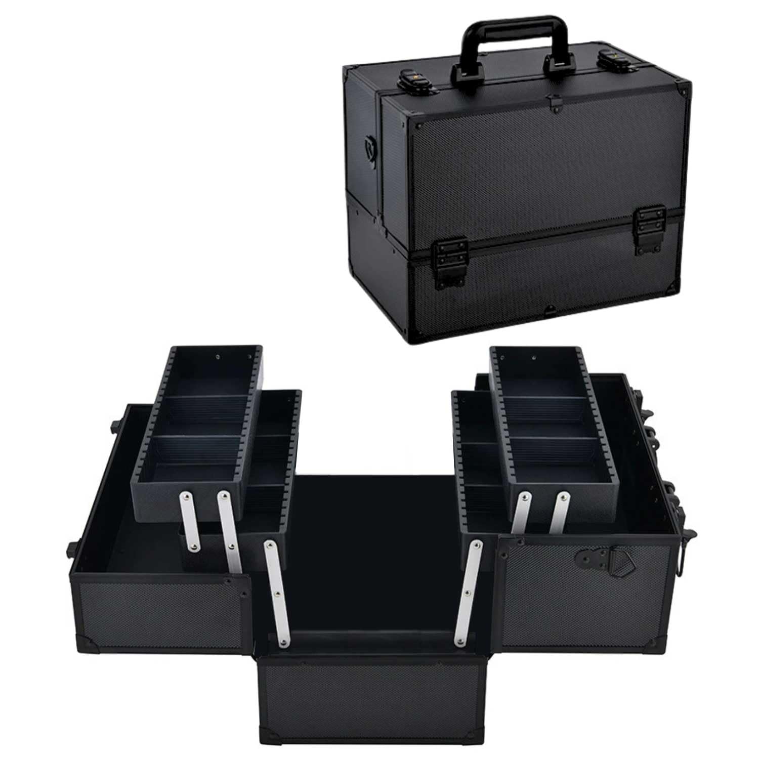 LACOPINE Makeup Train Case Professional Adjustable - 4 Trays Cosmetic Cases Makeup Storage Organizer Box with Lock and Compartments (DESIGN2-BLACK)-image-9