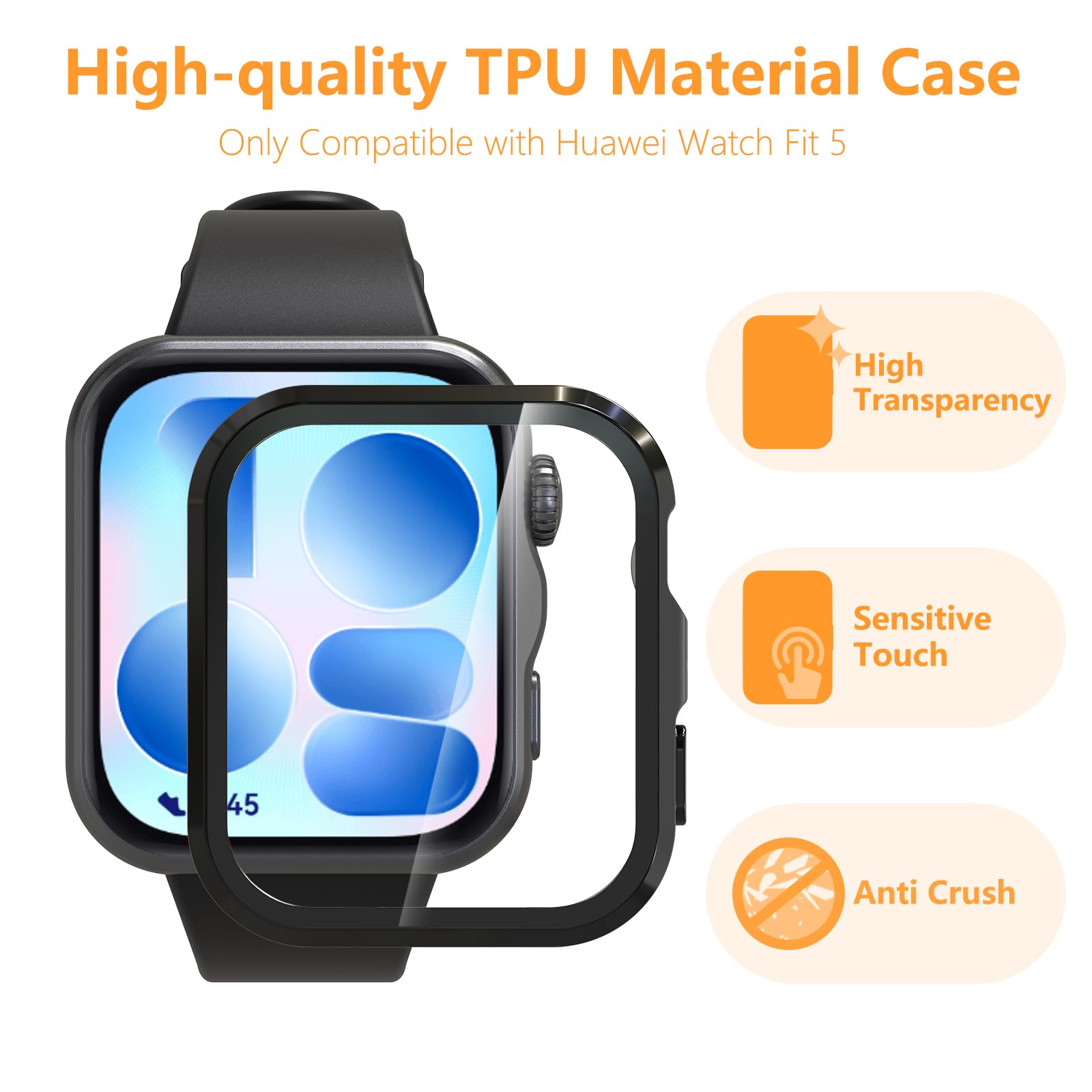 Hianjoo Etui kompatybilne z Huawei Watch Fit 5, etui ochronne na zegarek Fit 5, odporne na zarysowania, miękkie, lekkie etui z tworzywa TPU, przezroczyste, czarne, srebrne, różowe, różowe złoto, 5 szt