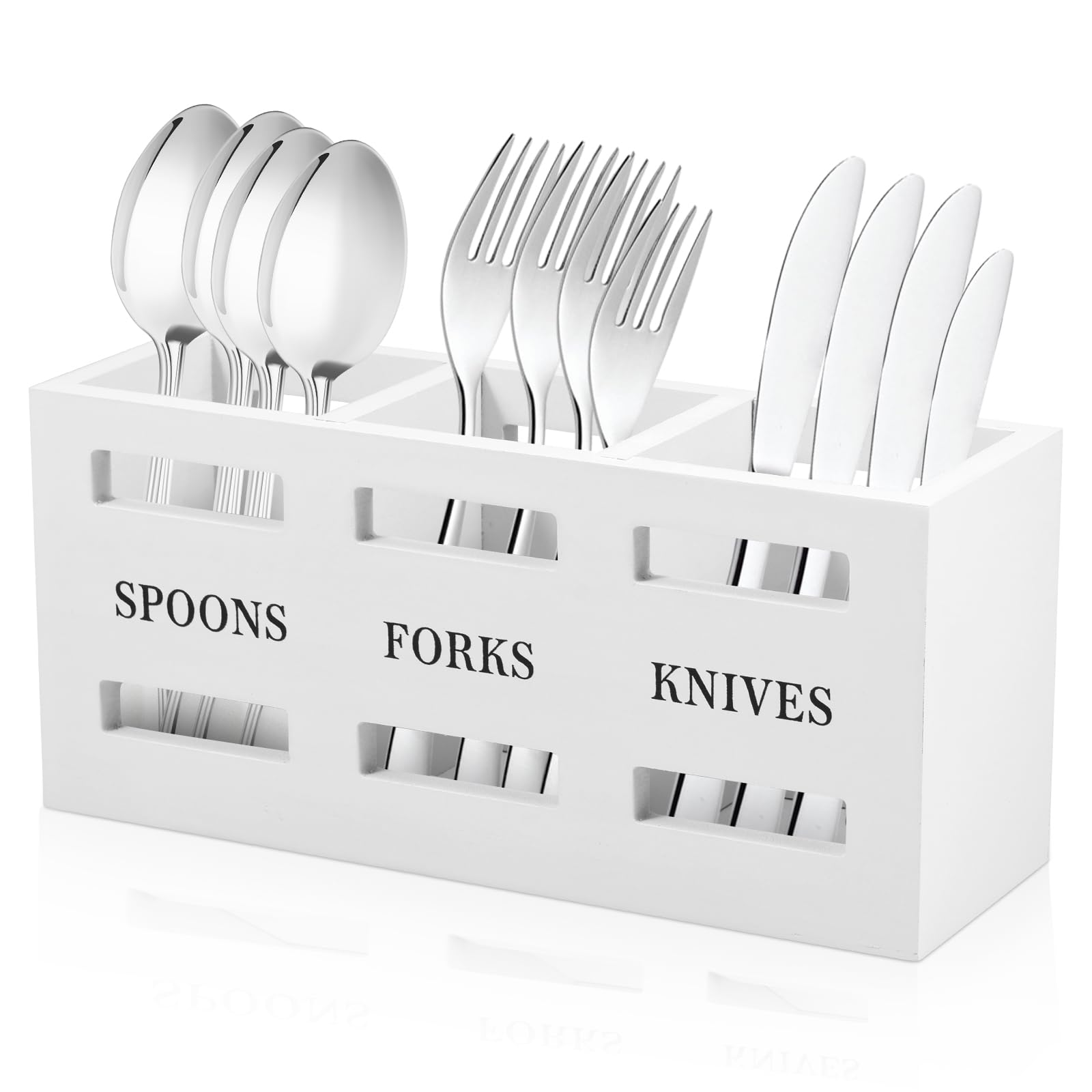 Yunyouc White Wooden Utensil Holder, Kitchen Cooking Utensil Organizer With 3 Compartment, Silverware Flatware Organizer, Multipurpose Cutlery Holder For Forks Spoons Cutters (White)