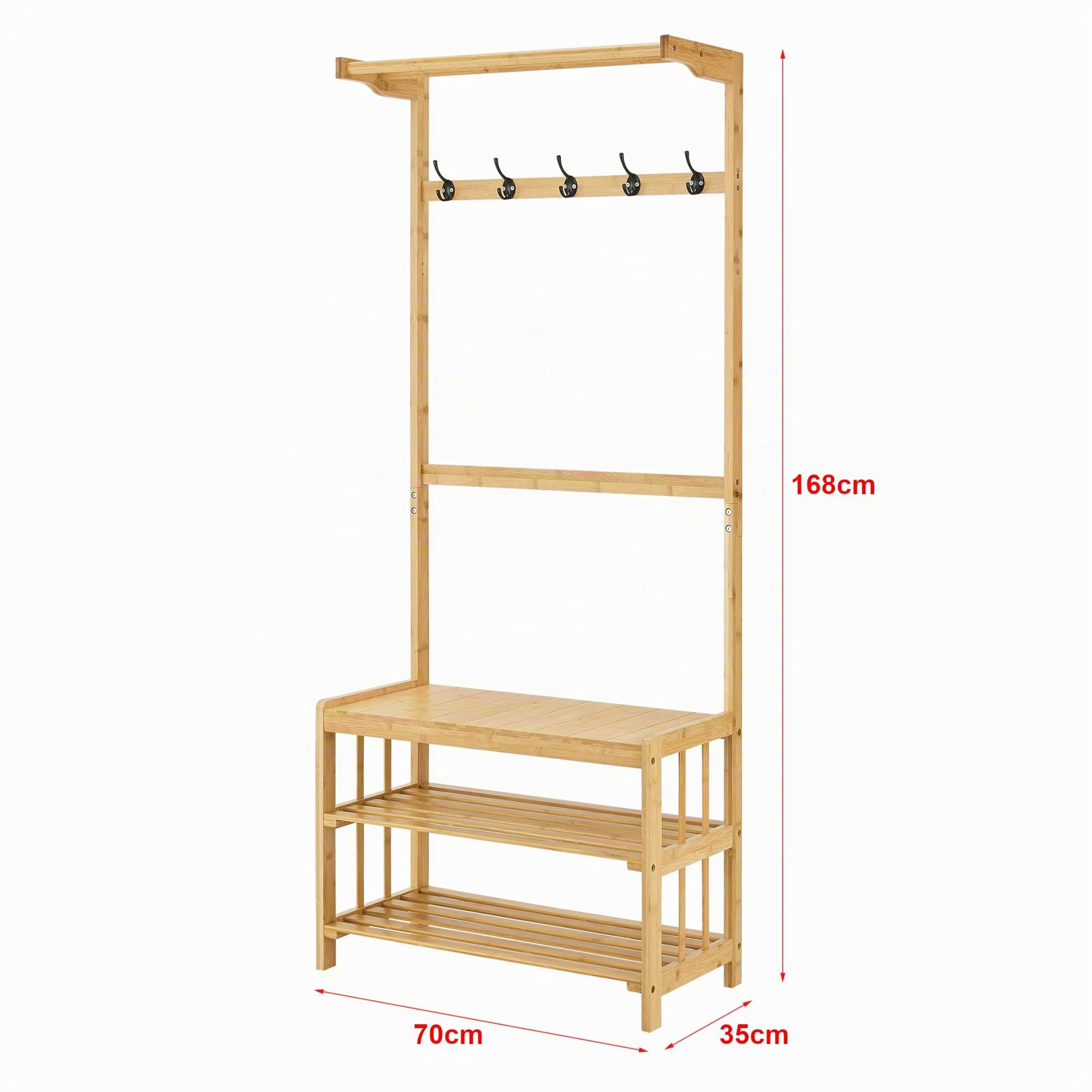 [en.casa] Perchero de Pie con Zapatero Recibidor con 5 Perchas 2 Estante Estantería para Pasillo Mueble de Entrada Bambú 168 x 70 x 35 cm Natural