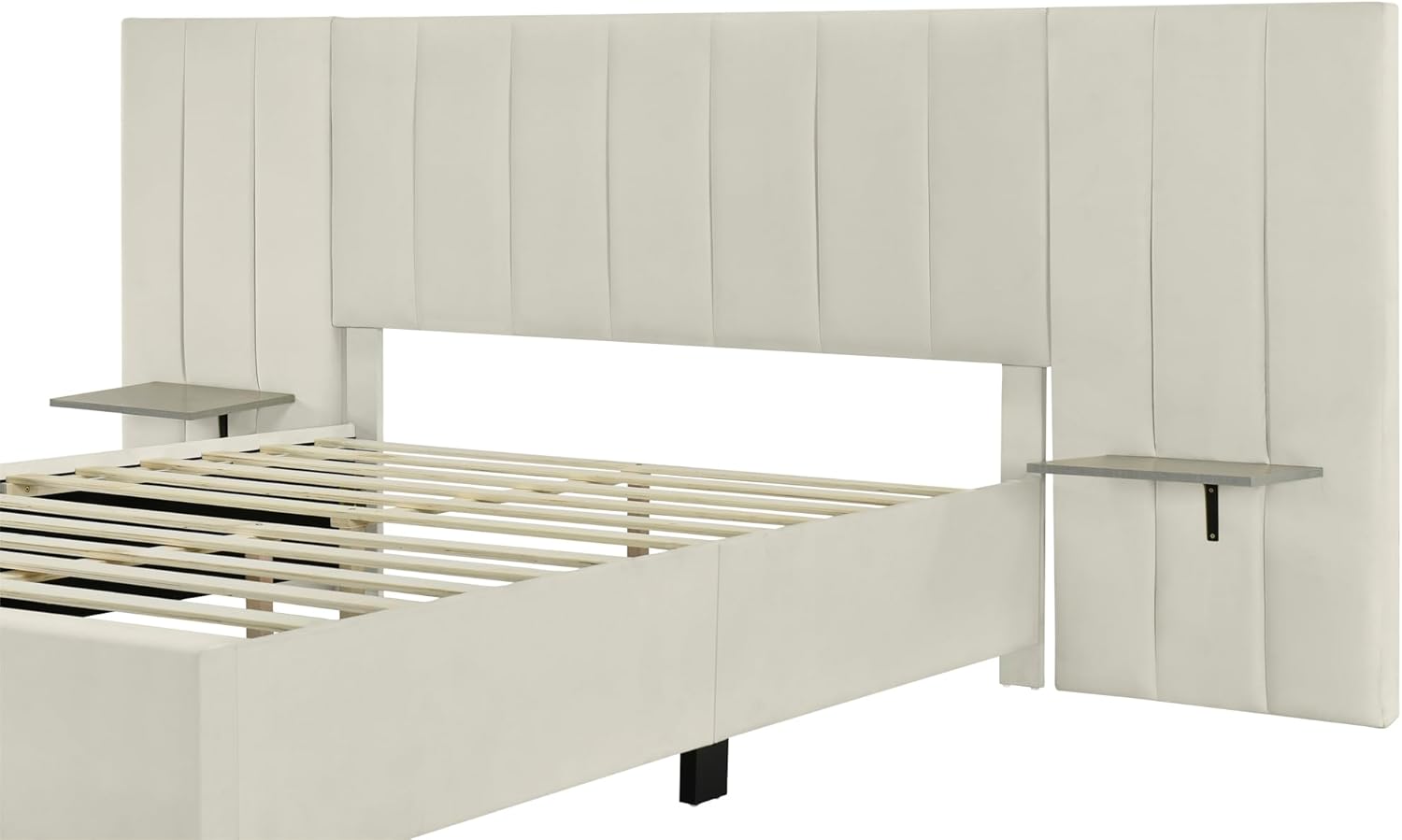 Queen Size Bed Frame with Oversized Soft Headboard and 2 Shelves, Velvet Upholstered Platform Bed, Luxury Bed Frame with Sturdy Wooden Slats, No Box Spring Needed, Easy Assembly, Beige