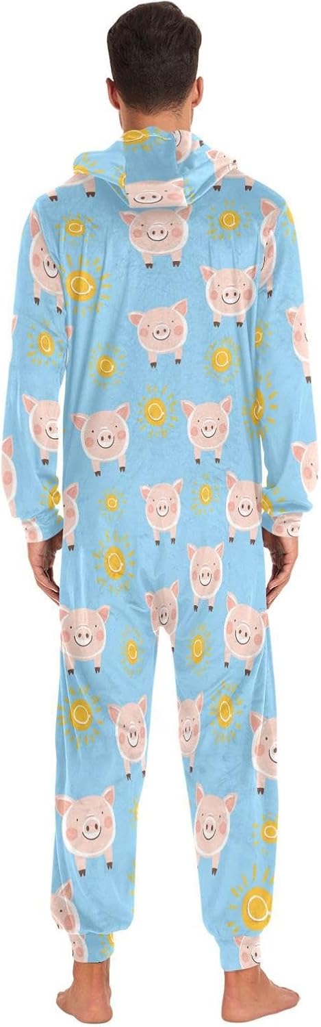 ZZKKO Cute Pig and Sun Adult Onesie Pajamas for Women Men Cozy One Piece Pajamas Costume Zip-Up Hooded S-XL