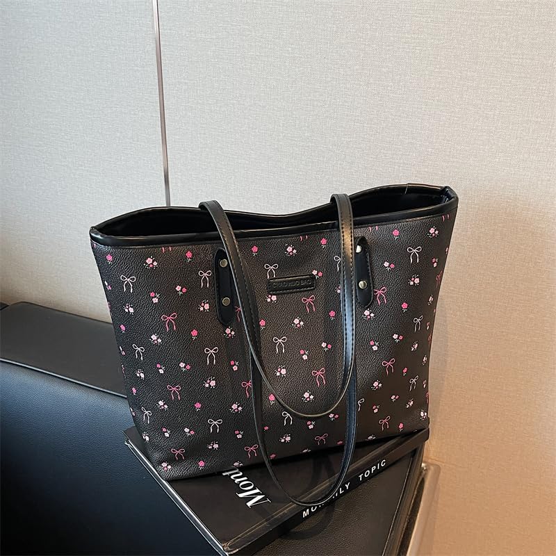 Image of hibear Cherry Print Tote Bag for Women Bow Shoulder Handbag Trendy Faux Leather Top-Handle Bag with Cherry Accessories
