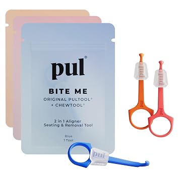 PUL Pack of 3 Reusable 2-in-1 Aligner Seating Chewie & Removal Tool Compatible with Invisalign, Removable Braces, Retainers, Trays Easy-to-Use Remover & Chew, Dental, Oral Pink, Orange, Blue.