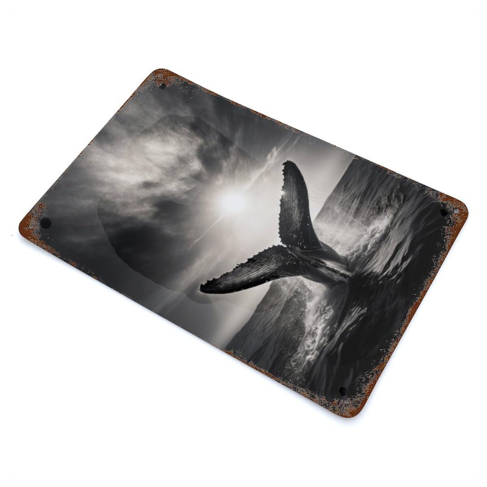 Garage Style Breaching Whale Rust Effect Tin Sign 11.8"x7.9", Vintage Wall Decor for Bar And Workshop