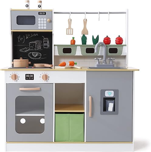 Miniatura 2 de Bophy Juego de madera de granja y cocina, cocina para niños con accesorios de utensilios de cocina, juego de chef de madera con máquina de hielo,