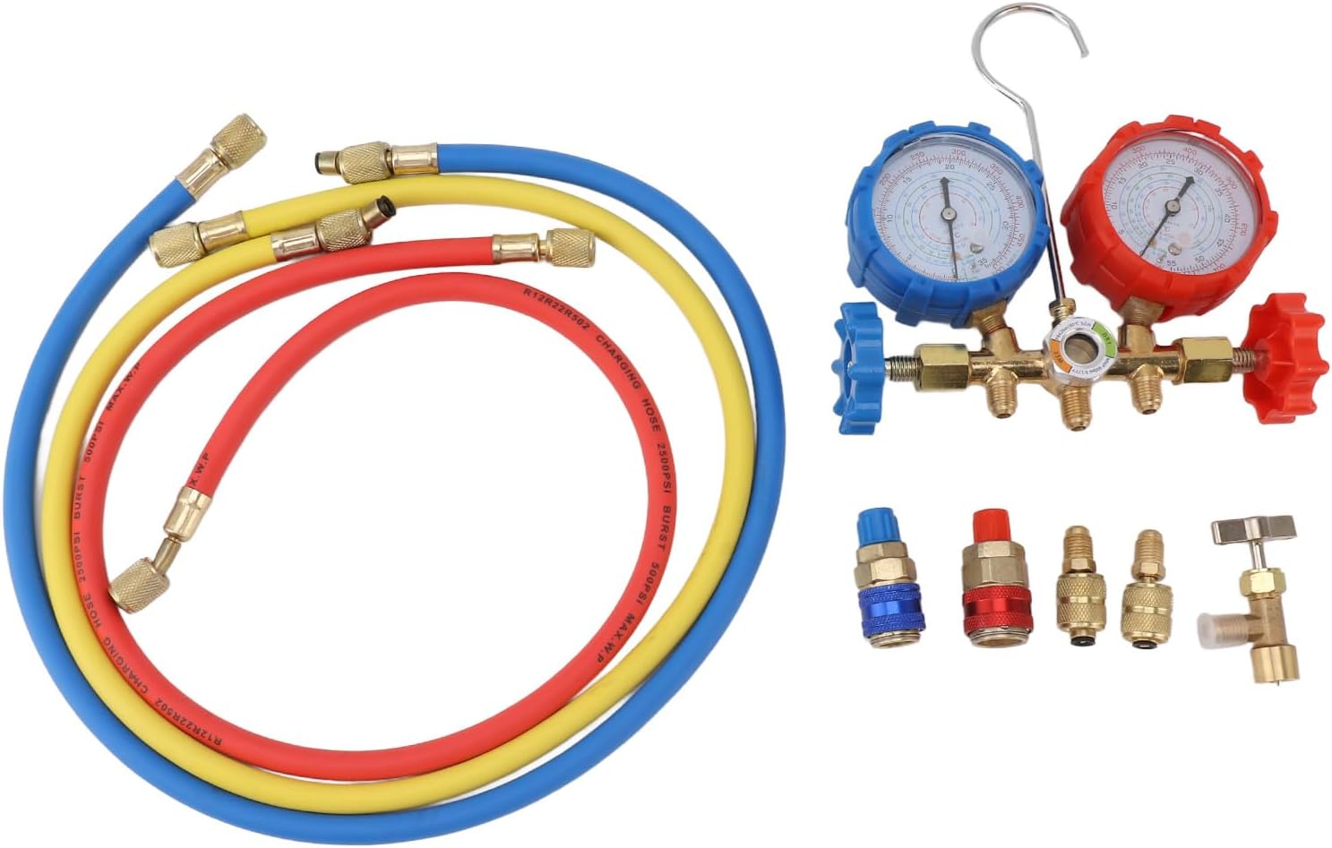 Hyuduo AC Diagnostic Manifold Gauge Set Air Conditioning Pressure Gauge 1/4 Inch Internal Threaded Joint 3 Way AC Air Conditioning Line Repair Tools