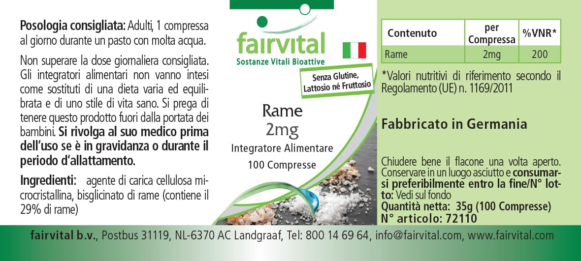 fairvital Compresse di rame 2 mg, ALTO DOSAGGIO, integratore alimentare a base di bisglicinato di rame, vegano, 100 compresse, facili da deglutire