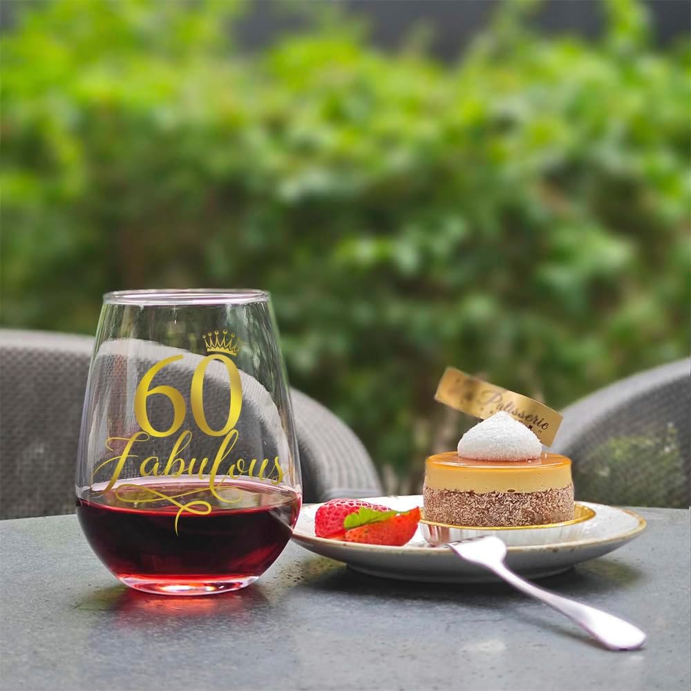 Fabulous Stemless Wine Glass & Linen Wine Gift Bag 15oz, Glitter Gold Design Happy Birthday Presents Wine Glass Gifts for Mom Dad Grandparents Woman Man Friends Aun (60th) - Image 5