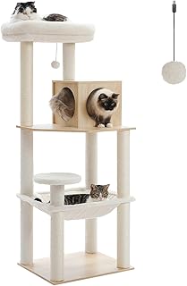 PETEPELA Cat Tree Wooden Scratching Post 143 cm Modern Cat Scratching Post with Larger Hammock Top Bed Full Sisal Rope Column Beige product image