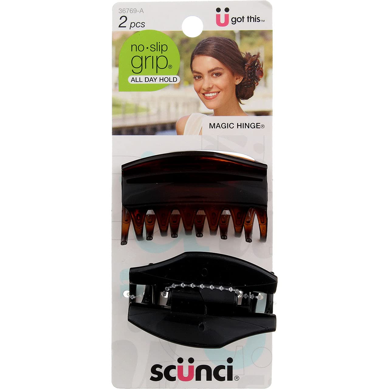 Scunci No-Slip Grip All Day Hold, Magic Hinge, Claw Hair Clip, Brown and Black, Packaging May Vary (Pack of 2)