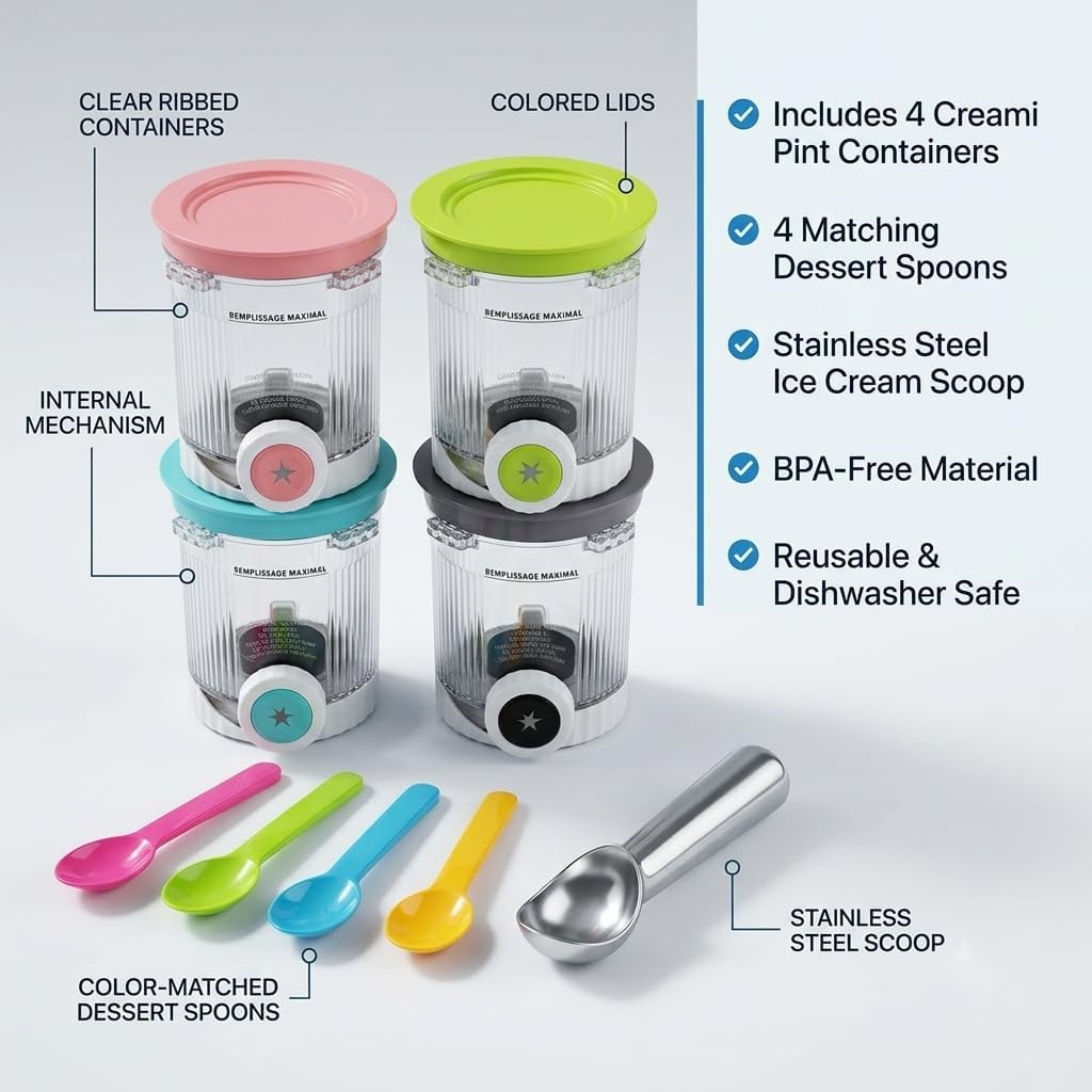 CREAMi Pints with Lids, NC 700 Series 4 Pack Ice Cream Containers Compatible with CREAMi, Reusable Pint Cups with Lids for Homemade Ice Cream, Sorbet, Gelato & Frozen Treats, Includes Ice Cream Scoop