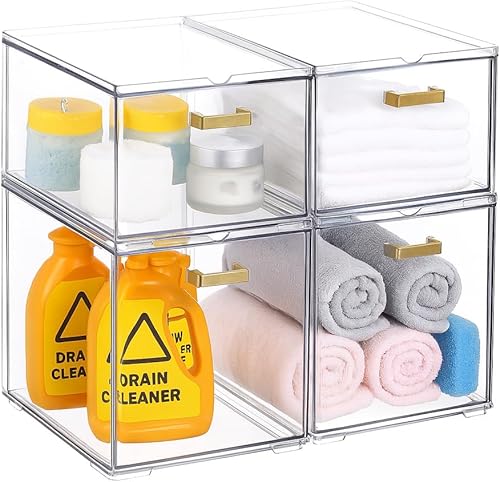 Paquete de 4 cubos de almacenamiento de plástico, organizador de maquillaje acrílico para baño con asa, cajones de almacenamiento apilables pequeños
