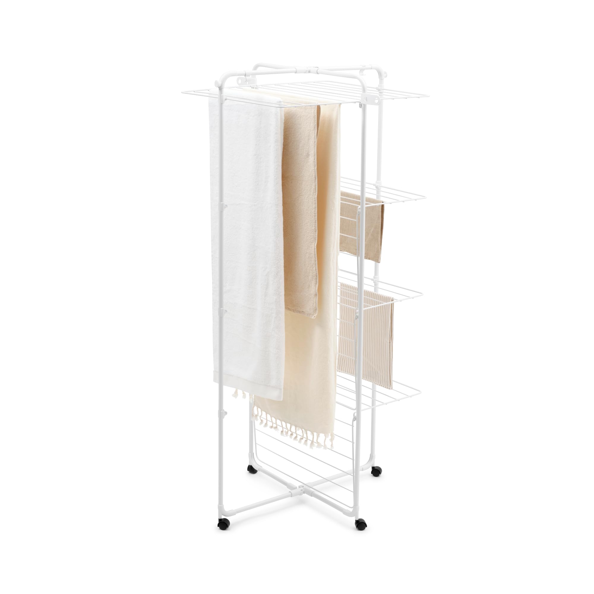 Brabantia HangOn Tower Stendibiancheria verticale 30 m (White), Stendino verticale alto e salvaspazio con ampia superficie per stendere, Stendipanni con ruote girevoli e due ganci angolari