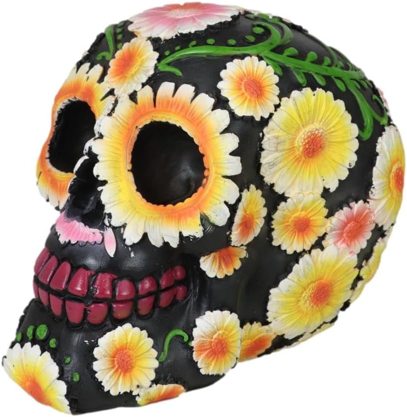 Miniatura 6 de Ebros Gift Figura negra del Día de los Muertos metálicos coloridos girasoles brillantes, flores florales, calavera de azúcar, estatua de calaveras