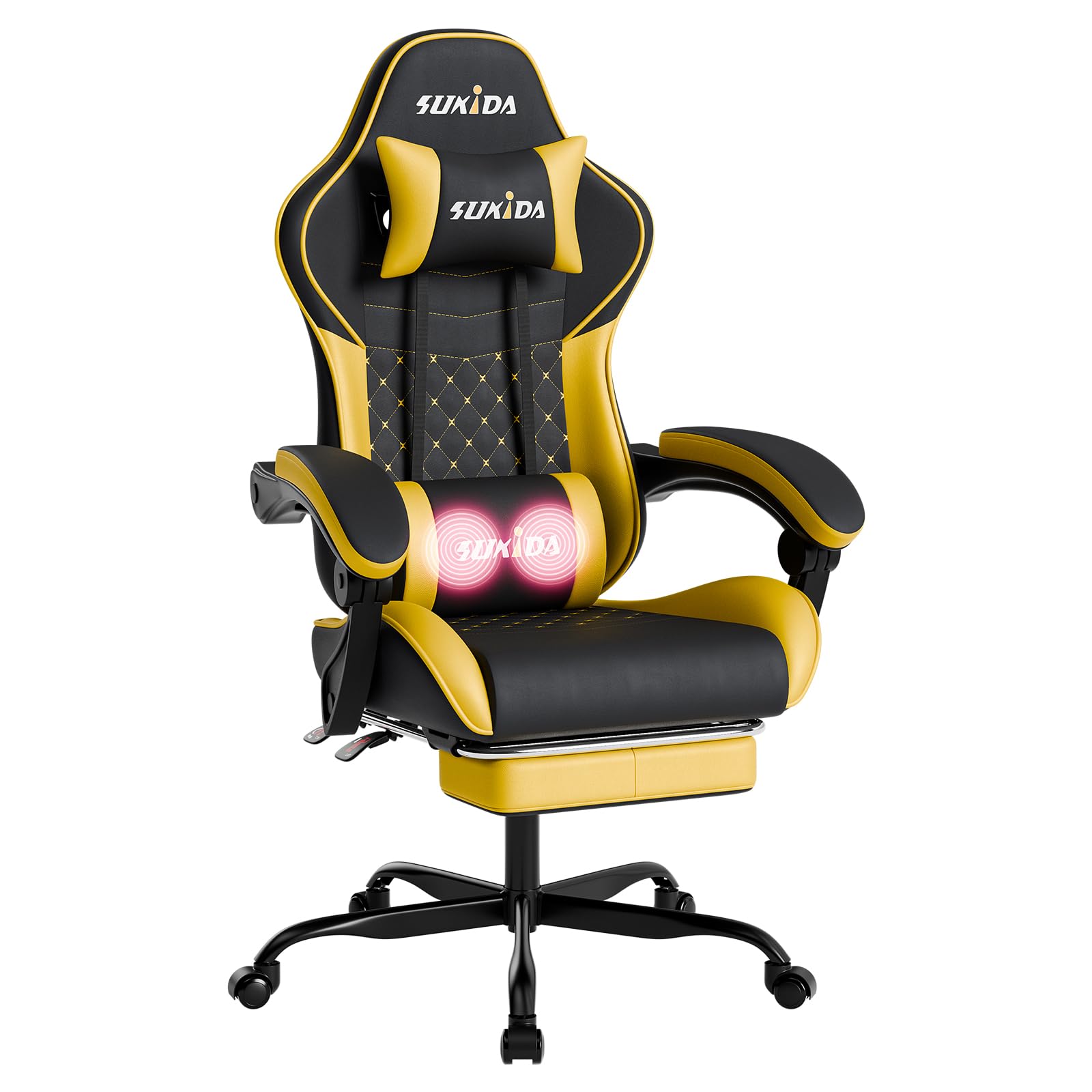 SUKIDA Gaming Stuhl, Ergonomischer Gaming-Stuhl mit Fußstütze, Racing Gamer Chair 90-135° Rückenlehne einstellbar, Computerstuhl Höhenverstellbar Lendenwirbelstütze, Blackyellow
